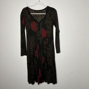Aller Simplement Dress‎ Womens Medium Black Red Long Sleeve V Neck Boho Floral